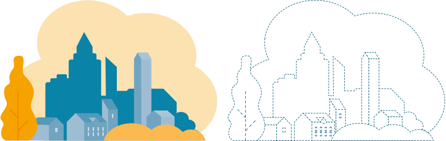 Grafik mit verschiedener Gebäude als Begleitbild für das Segment Digitaler Zwilling